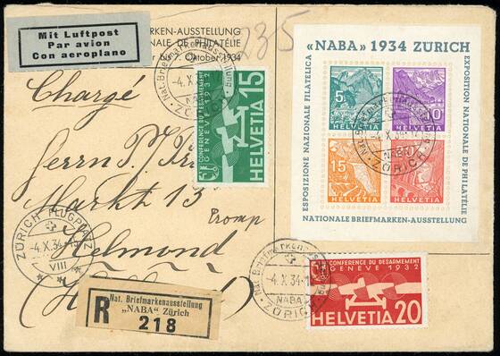 SCHWEIZ 1934 Block 1 auf Auslands-Luftpost-R-Brief