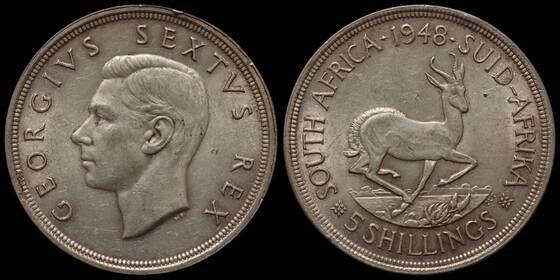 SÜDAFRIKA 5 Shillings Silber 1948, Springbock
