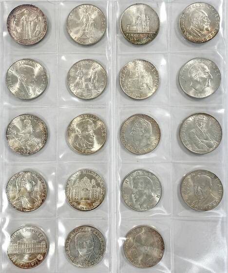 ÖSTERREICH 1955/1973 komplette Gedenkmünzserie 19 x 25 Schilling Silber