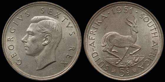 SÜDAFRIKA 5 Shillings Silber 1951, Springbock