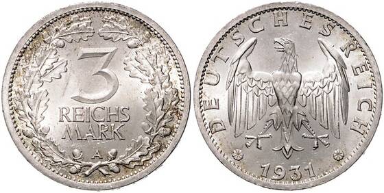 WEIMAR 3 Reichsmark 1931 A, Jaeger 349