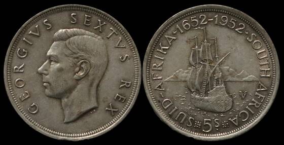 SÜDAFRIKA 5 Shillings Silber 1952, Segelschiff Dromedaris